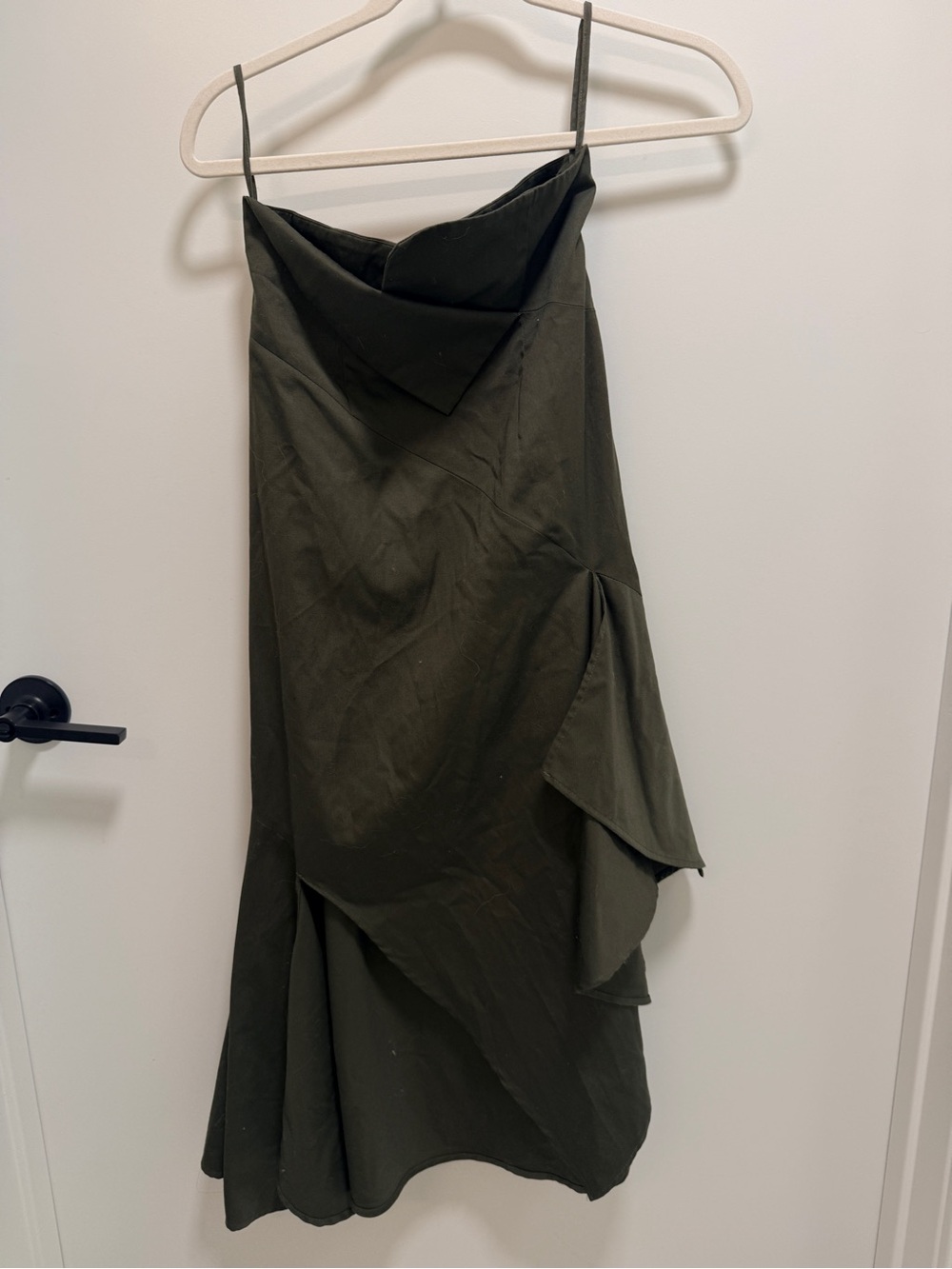 MONSE Olive Draped Midi Skirt with Asymmetric Ruffle